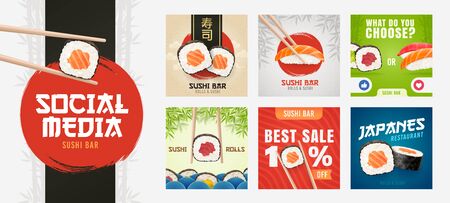 Social Media template on theme Sushi. Set of banners square shape on theme Sushi Bar. Design of advertising in social networksのイラスト素材