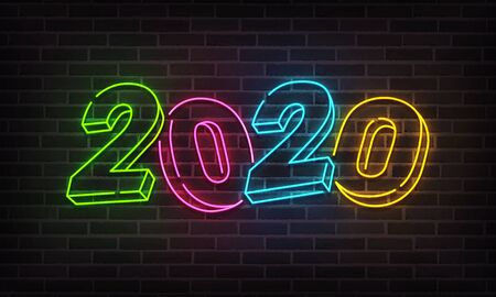 2020 New Year neon background colorful. Merry Christmas neon sign. Logo, emblem, banner and label, bright signboard, light banner.のイラスト素材