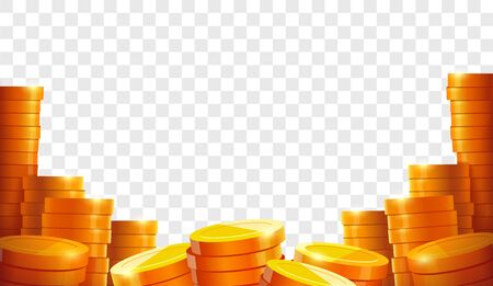 Stack of coins. Gold coins. Lots money. Casino coin cash or bank currency investment heap. Place for text. Template. Isolated vector illustration のイラスト素材