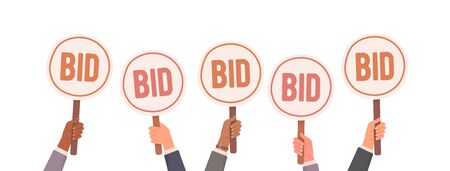 Auction bidding. Hands holding bids. Auction and bidding concept. Sale and buyers. Vector...