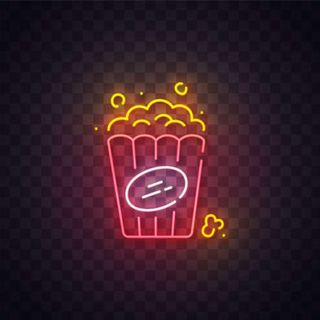 Popcorn neon sign, bright signboard, light banner. Popcorn  neon, emblem. Vector illustrationのイラスト素材