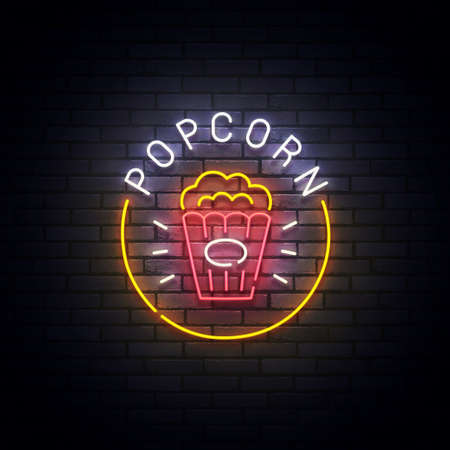 Popcorn neon sign, bright signboard, light banner. Popcorn  neon, emblem. Vector illustrationのイラスト素材