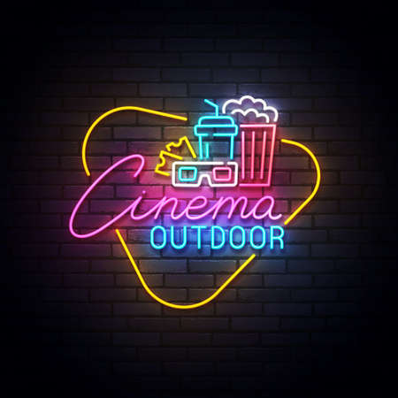 Outdoor cinema neon sign, drive-in movie theater with cars on open air parking logo neon, emblem. Vector illustrationのイラスト素材