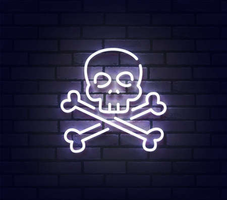 Skull neon sign. Glowing neon light signboard of candy. Sign of skull with colorful neon lights isolated on brick wall. Vector illustrationのイラスト素材