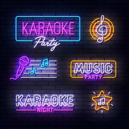Karaoke neon sign. Glowing neon light signboard of Music party. Sign of Karaoke with colorful neon lights isolated on brick wall. Vector illustrationのイラスト素材