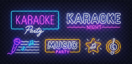 Karaoke neon sign. Sign of Karaoke Party with colorful neon lights isolated on brick wall. Vector illustrationのイラスト素材
