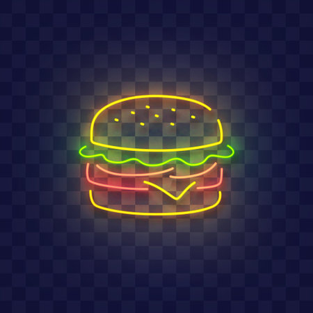 Burger neon sign, bright signboard, light banner. Burger neon, emblem. Vector illustrationのイラスト素材