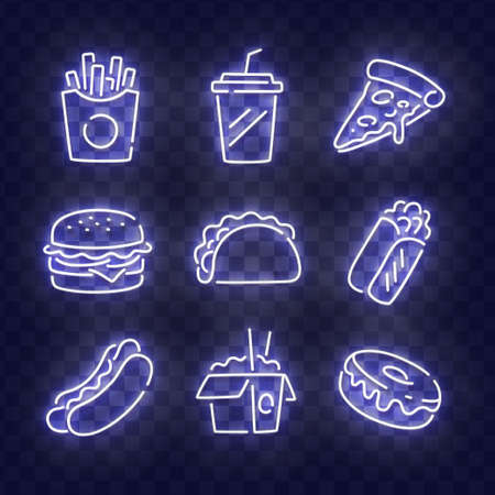 Fast Food neon icons. Food isolated icons, emblem, design template. French fries, Drink, Pizza, Burger, Taco, Shawarma, Hot Dog, Noodles, Donut. Vector Illustrationのイラスト素材