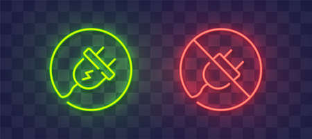 Connect and disconnect icon neon, bright signboard, light banner. Electric wire with plug neon sign. Vector illustrationのイラスト素材