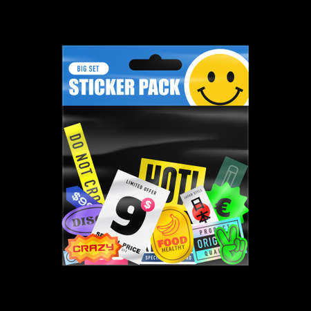 Sticker pack. Packaging with stickers. Peeled Paper Stickers. Product packaging with transparent plastic packet. Isolated vector on black backgroundの写真素材