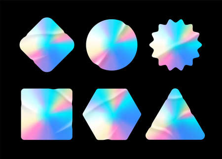 Holographic stickers. Hologram labels of different shapes. Sticker shapes for design mockups. Holographic textured stickers for preview tags, labels. Vector illustrationのイラスト素材