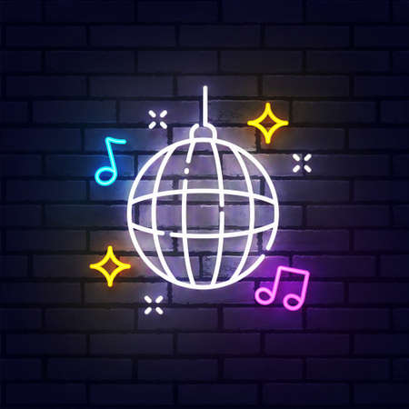 Disco ball neon sign, bright signboard, light banner. Night club logo neon, emblem. Vector illustrationのイラスト素材