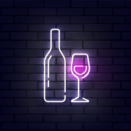 Wine neon sign, bright signboard, light banner. Wine neon, emblem. Vector illustrationのイラスト素材