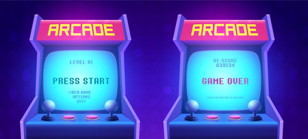 Arcade game screen. Retro arcade game machine. 80s retro start play and game over interface screen. Video gaming machine. Vector Illustration of play screen game computerのイラスト素材