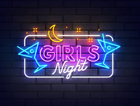 Girls night neon sign, bright signboard, light banner.のイラスト素材