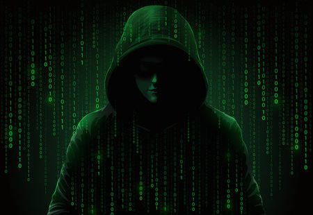 Computer hacker in hoodie. Obscured dark face. Data theft, internet fraud, darknet and cyber security concept. Hacker on screen background with binary codeのイラスト素材