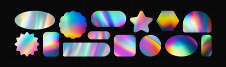 Holographic stickers. Hologram labels of different shapes. Sticker shapes for design mockups. Holographic textured stickers for preview tags, labels. Vector illustrationのイラスト素材