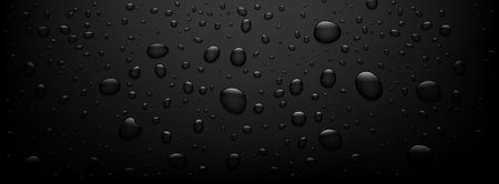 Rain water drop bubble vector background. Condensation water drops on black glass background. Abstract wet texture, rain water drop pattern. Vector illustrationのイラスト素材