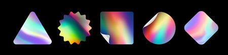 Holographic stickers. Hologram labels of different shapes. Sticker shapes for design mockups. Holographic textured stickers for preview tags, labels. Vector illustrationのイラスト素材