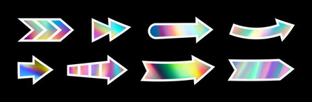 Holographic arrow. Hologram labels of arrow shapes. Sticker shapes for design mockups. Holographic textured stickers for preview tags, labels. Vector illustrationのイラスト素材