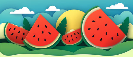 Summer season concept. Slices of watermelon on blue background. Paper cut and craft style. Vector illustrationのイラスト素材