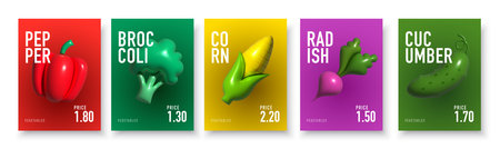 Vegetables posters and prices. Inflatable Vegetables. Inflated 3D element with the plasticine effect. Set icon pepper, broccoli, corn, radish, cucumber. Vector illustrationのイラスト素材