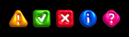 Inflatable exclamation, check mark, question mark, caution, cross 3d color sign. Realistic inflated 3D symbol icon with the plasticine effect. Vector illustrationのイラスト素材