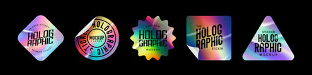 Holographic stickers. Hologram labels of different shapes. Sticker shapes for design mockups. Holographic textured stickers for preview tags, labels. Vector illustrationのイラスト素材