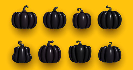 Halloween black set of inflated pumpkins for holiday. Realistic 3d black inflatable pumpkins. Design elements isolated on yellow background. Vector illustrationのイラスト素材