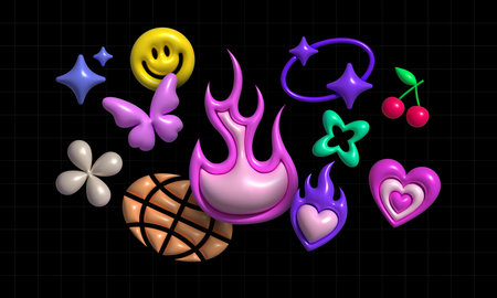 Inflatable Y2K icons collection. Shapes and icon in Y2K style. Inflated 3D element with the plasticine effect. Vector set shapesのイラスト素材