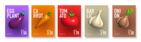 Vegetables posters and prices. Inflatable Vegetables. Inflated 3D element with the plasticine effect. Set icon eggplant, carrot, tomato, garlic, onion. Vector illustrationのイラスト素材