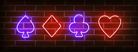 Card suits neon sign, bright signboard, light banner. Card suits logo neon, emblem. Vector illustrationのイラスト素材