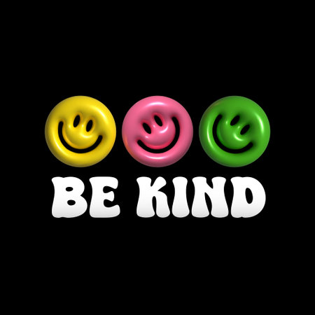 Be Kind lettering with inflatable smile. Inflated 3D emoji smiles with the plasticine effect. Vector...