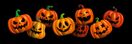 Halloween Set of pumpkin for holiday. Inflatable orange pumpkins with cut scary good joy smile. Collection of 3d objects. Design elements isolated on light background. Vector illustrationのイラスト素材