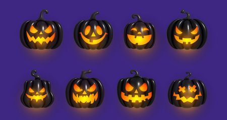 Black inflated pumpkin with a creepy smile and glowing eyes. Pumpkin inflatable 3d black inflatable pumpkins with cut scary good joy smile. Vector illustrationのイラスト素材