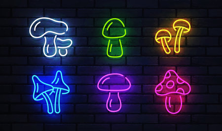 Mushrooms neon sign, bright signboard, light banner. Mushrooms icon neon, emblem. Vector illustrationのイラスト素材