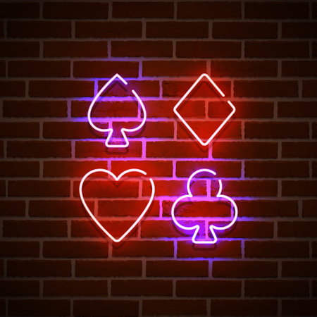Card suits neon sign, bright signboard, light banner. Card suits logo neon, emblem. Vector illustrationのイラスト素材