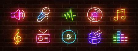 Music neon sign, bright signboard, light banner. Music logo neon, emblem. Vector illustrationのイラスト素材