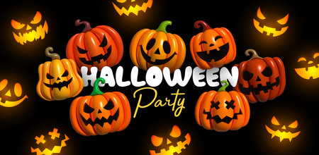 Happy Halloween. Horizontal banner for website and social networks. Inflatable 3d pumpkins, emotions on his face scary smile. Creative poster, party flyer design, brochure. Vector illustrationのイラスト素材