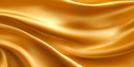 Golden silk fabric texture. Realistic vector background of satin glossy cloth with abstract waves and ripples. Luxury cloth or liquid waveのイラスト素材