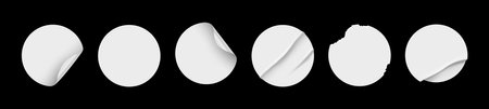 White sticker and tags, paper round stickers with peeling corner and shadow, isolated rounded plastic mockup, realistic set round paper adhesive sticker mockup with curved cornerのイラスト素材