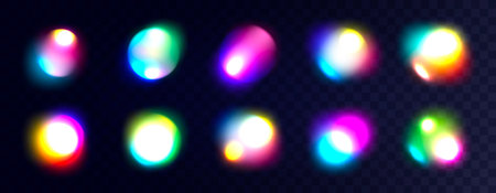 Neon blurred gradient shapes, colorful holographic light blur effect, bright glowing circles. Vibrant blurry abstract fluid gradients on dark isolated background. Vector illustrationのイラスト素材