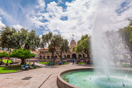 Cuzco, Peru - March 22, 2019. Cuzco in Peru, panoramic view of the Main square an the cathedral church.のeditorial素材