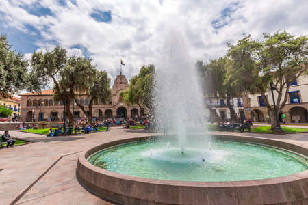 Cuzco, Peru - March 22, 2019. Cuzco in Peru, panoramic view of the Main square an the cathedral church.のeditorial素材