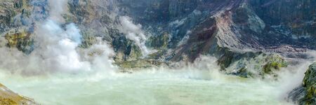 Active Volcano at White Island New Zealand. Volcanic Sulfur Crater Lake. Web banner.の写真素材