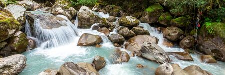 Everest Base Camp trekking in Nepal. Web banner in panoramic view.