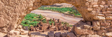 Ait Benhaddou Kasbah, Ait Ben Haddou, Ouarzazate, Morocco, Africa. Web banner in panoramic view.のeditorial素材