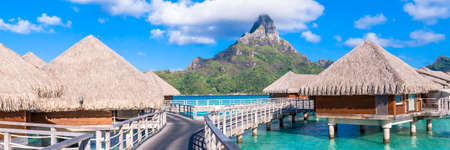 Bora Bora Island, French Polynesia. Web banner in panoramic view this amazing Beachのeditorial素材