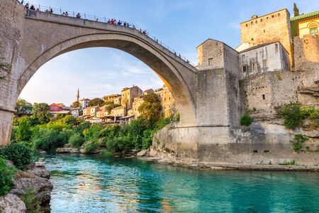 Mostar, Bosnia and Herzegovina. View of the city and the old bridge.の写真素材