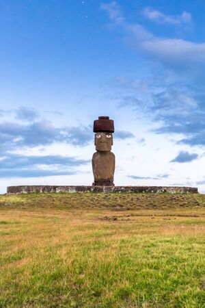 Easter Island, Moais in Ahu Vai Uri, Tahai Archaeological Complex, Rapa Nui National Park, Chile. South America.の写真素材